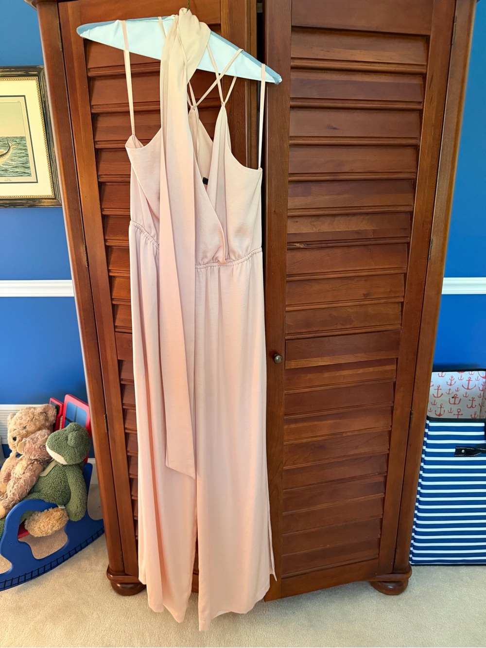 BCBGMaxAzria Blush Pink Satin Spaghetti-Strap Jumpsuit